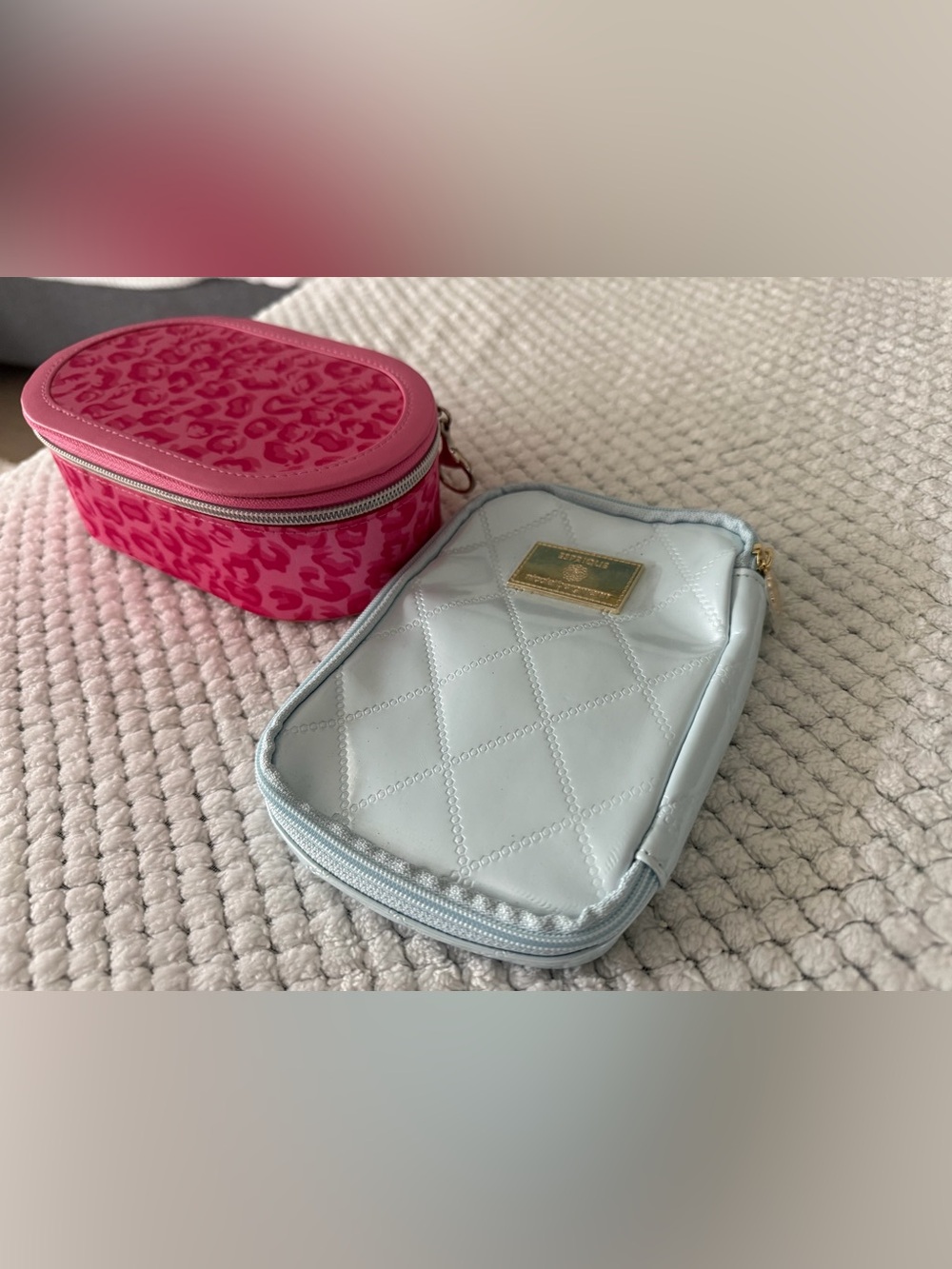 Quilted Light Blue Phone Case Pouch with Gold Nameplate